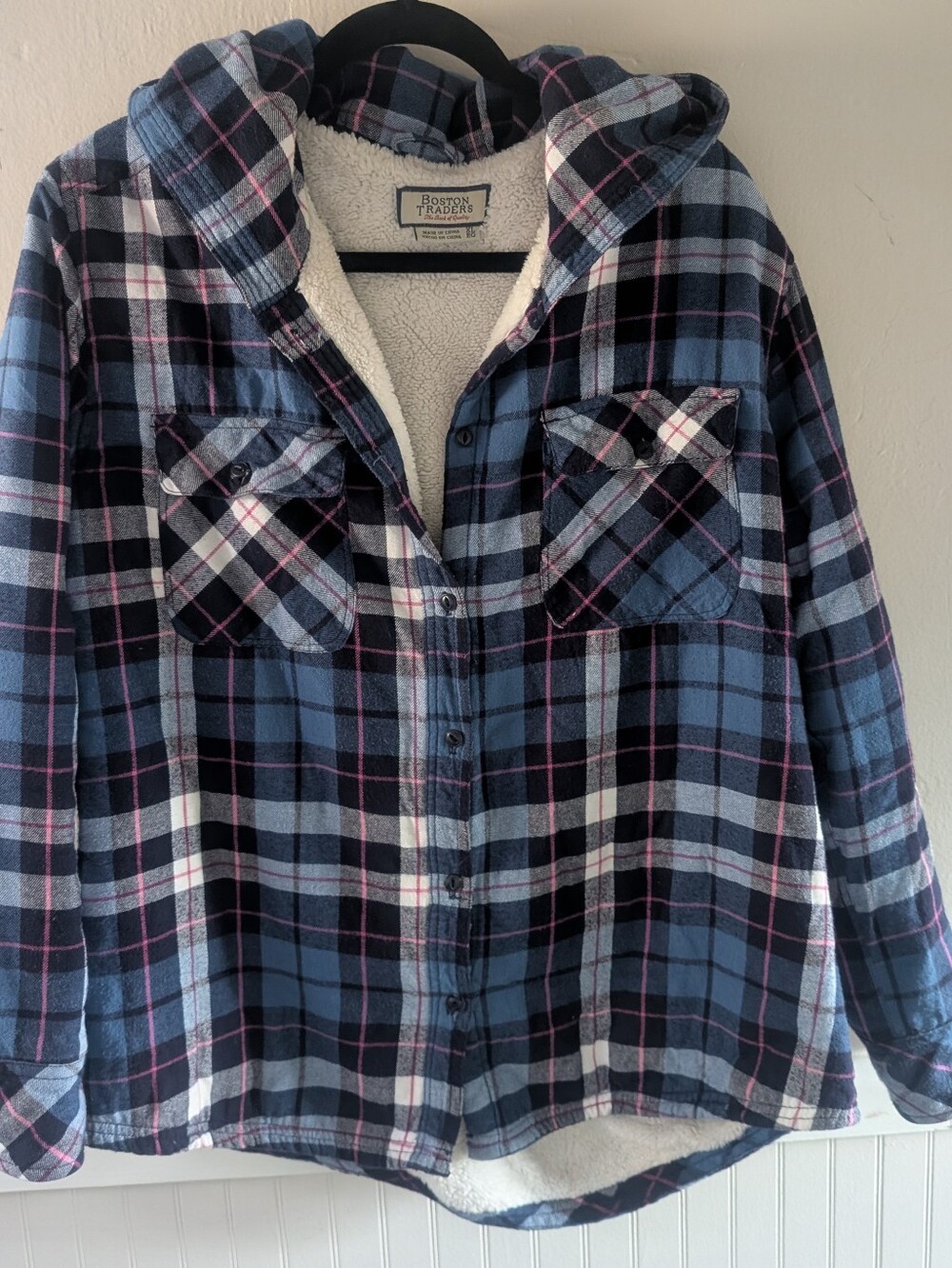 Boston Traders Navy and Light Blue Plaid Sherpa-Lined Hooded Jacket